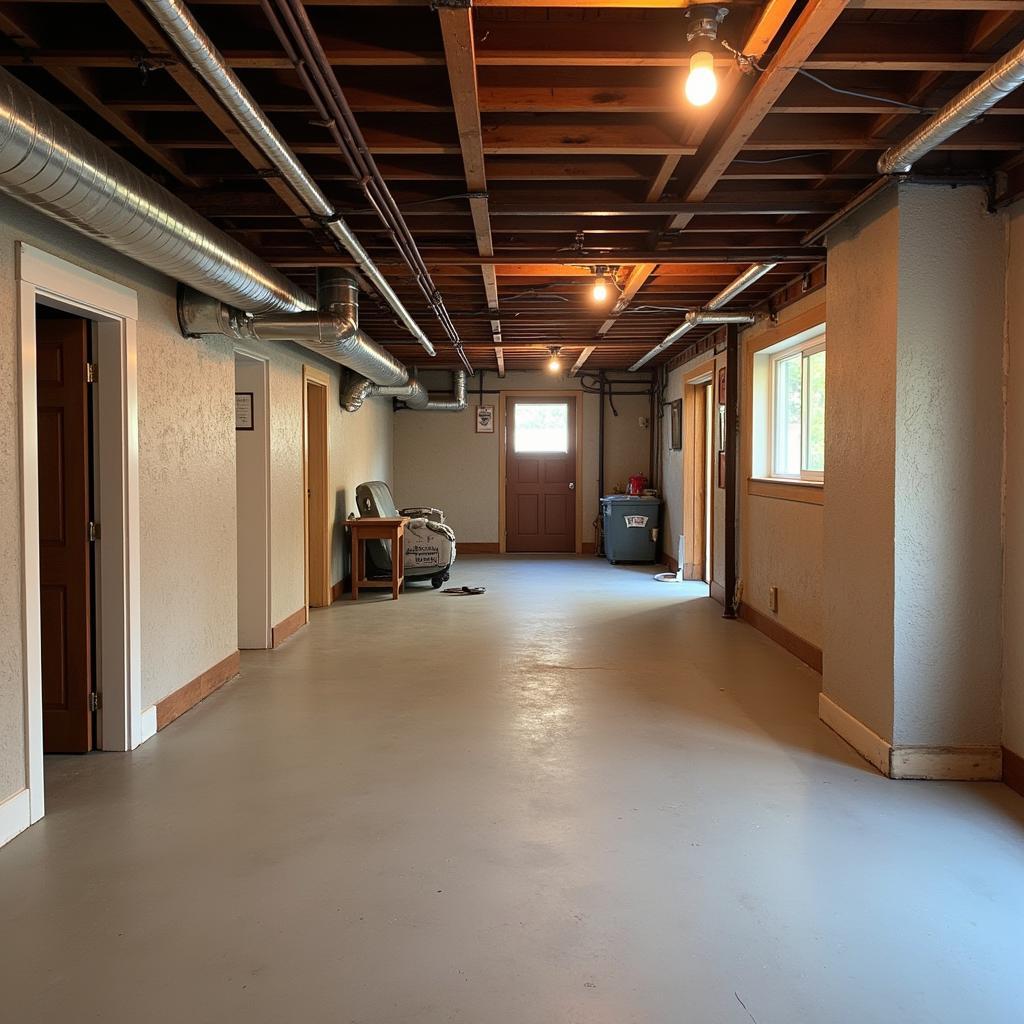 Yankee basement layout with exposed pipes and low ceiling