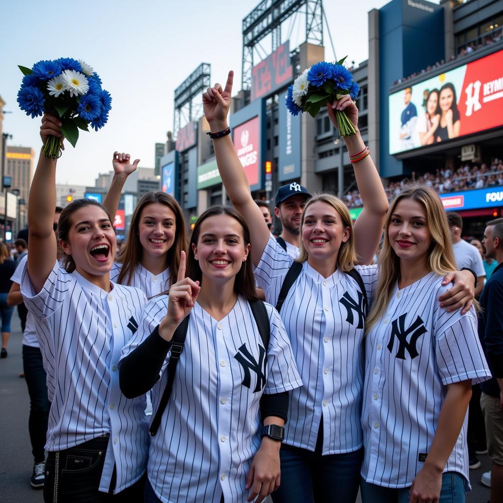 Yankees Fans Celebrating with Flowers