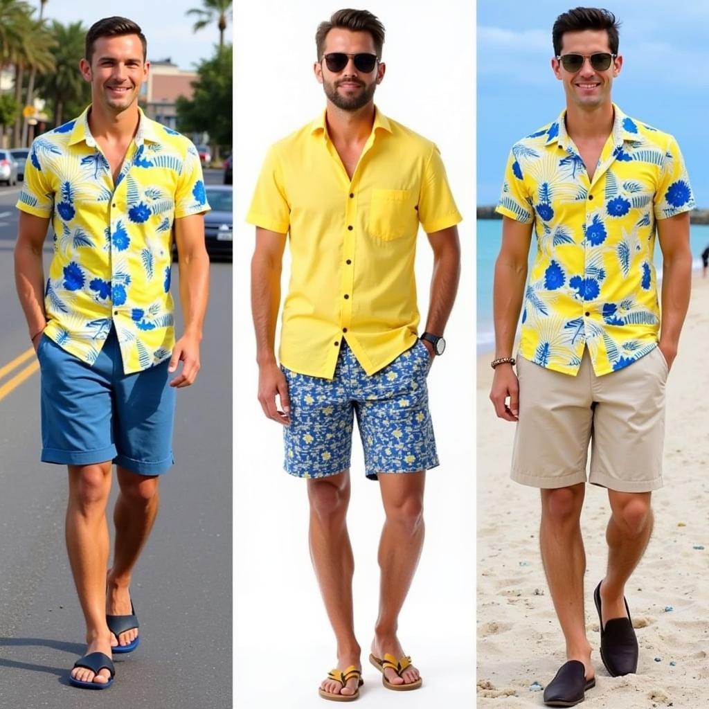 Outfit Ideas for Men with Yellow and Blue Hawaiian Shirts