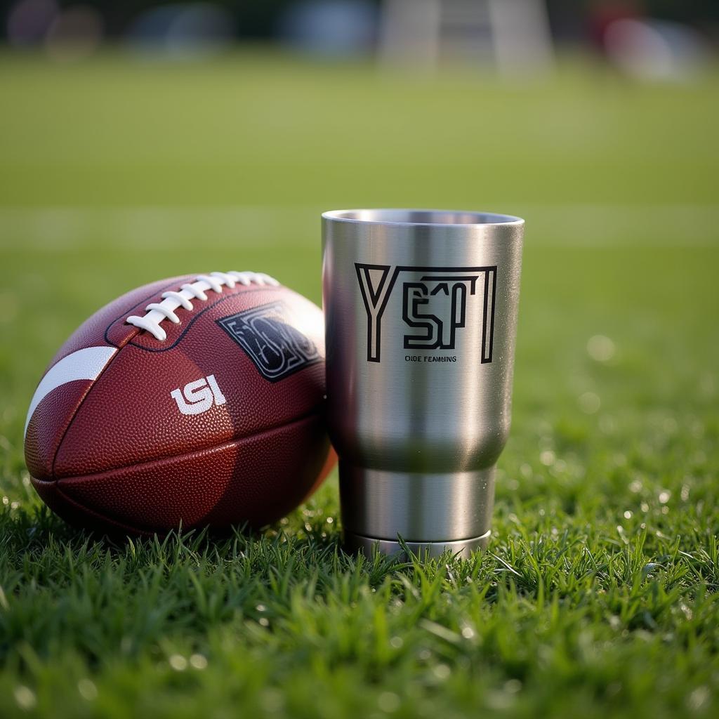 A Yeti Cup resting on the sidelines of a lush green training ground, a football beside it