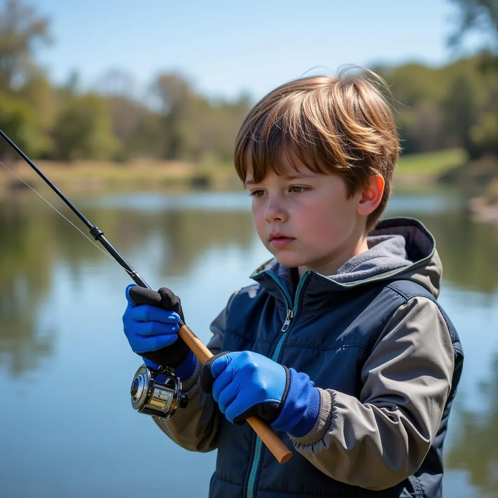 Young angler casting a line with gloves