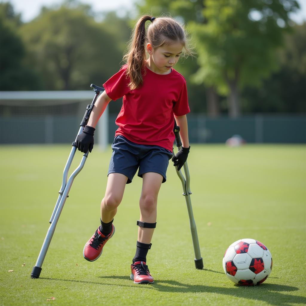 Young athlete on crutches dribbling a disability ball