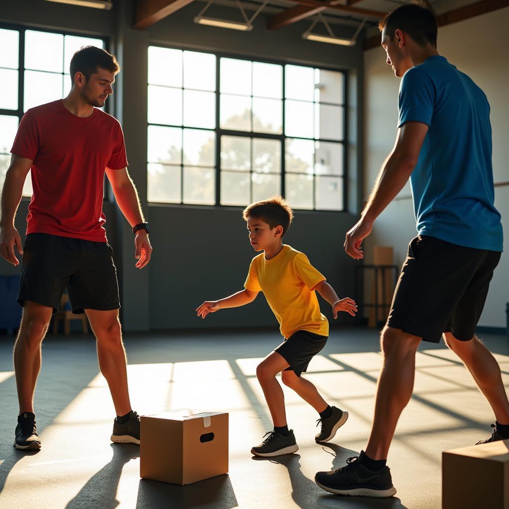 A young athlete diligently practices speed drills under the guidance of a coach, utilizing speed pack boxes for enhanced agility and performance.