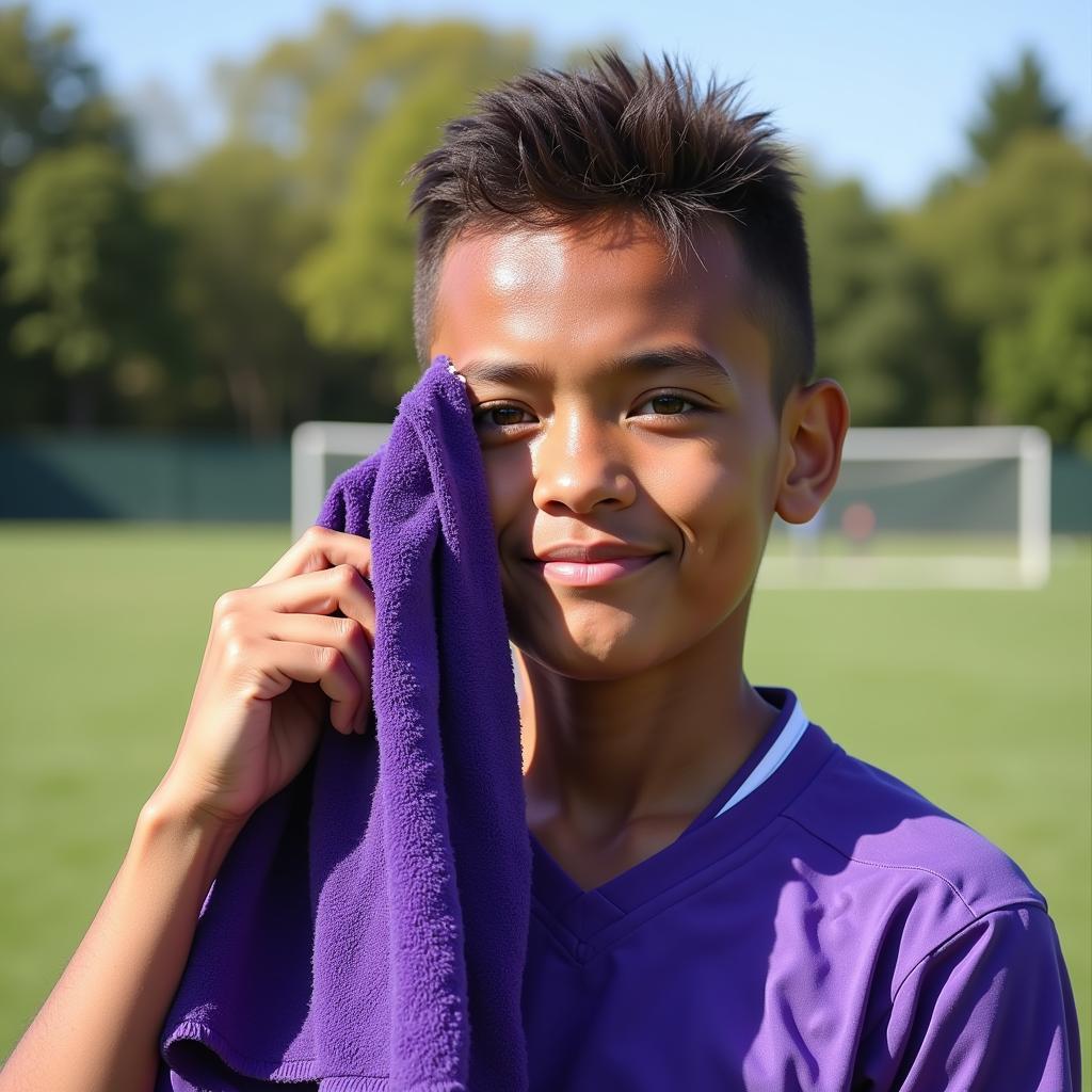 Young athlete wiping their face with a purple football towel