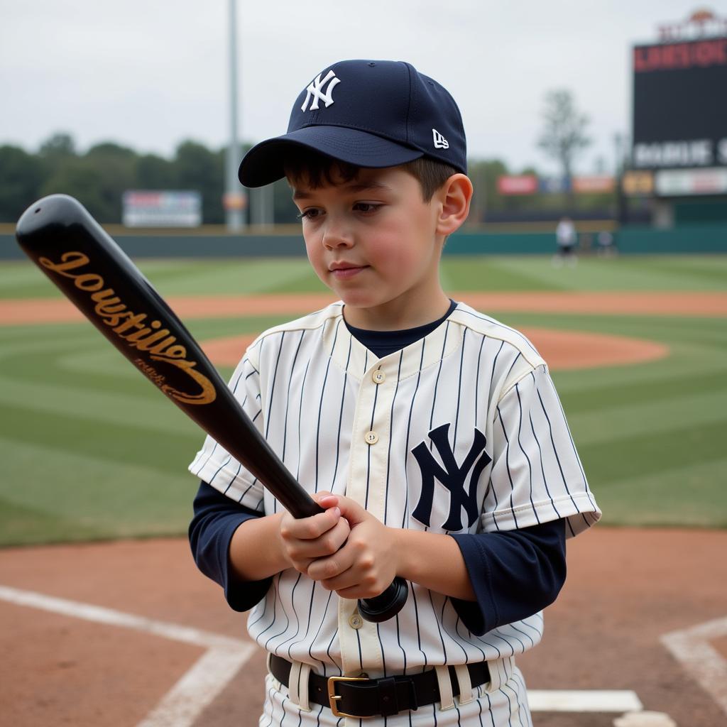 A young baseball player admiringly holds a Louisville Slugger bat, symbolizing the enduring legacy of the sport