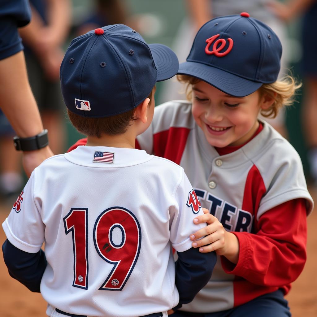 A young baseball player excitedly receiving an autograph on his Little League World Series t-shirt from a player