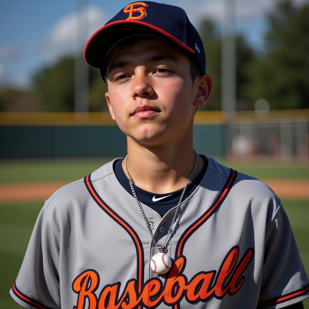 Young baseball player wearing a pendant baseball necklace during a game