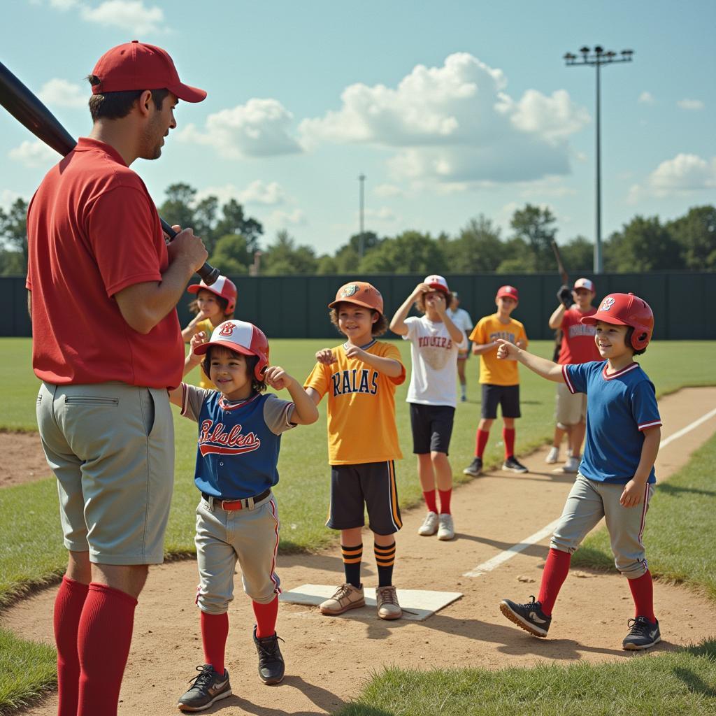 Young baseball players learning to bat