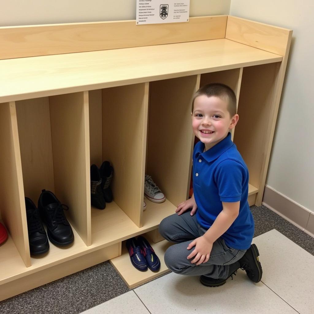 Young boy putting his shoes neatly on a shoe bench