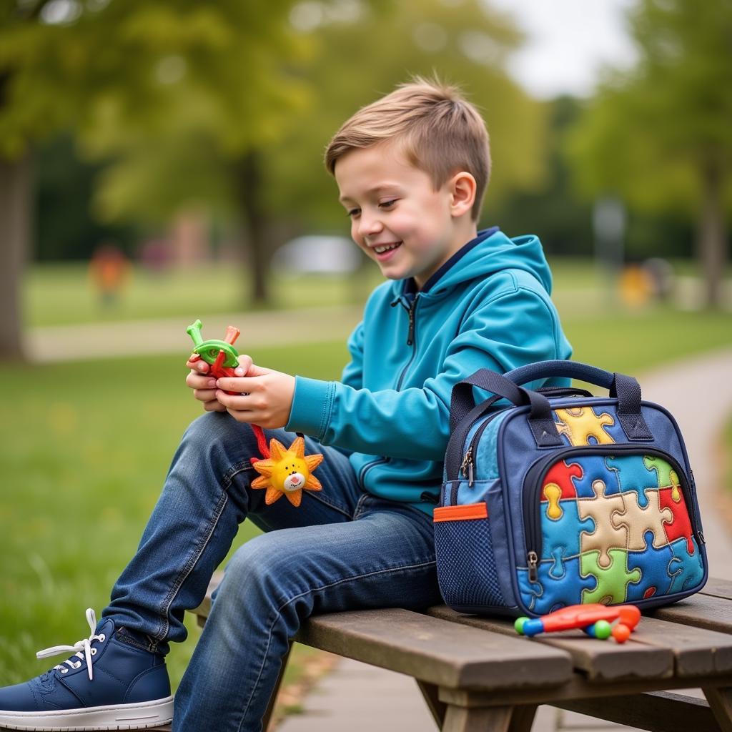 Boy with Autism Handbag at Park