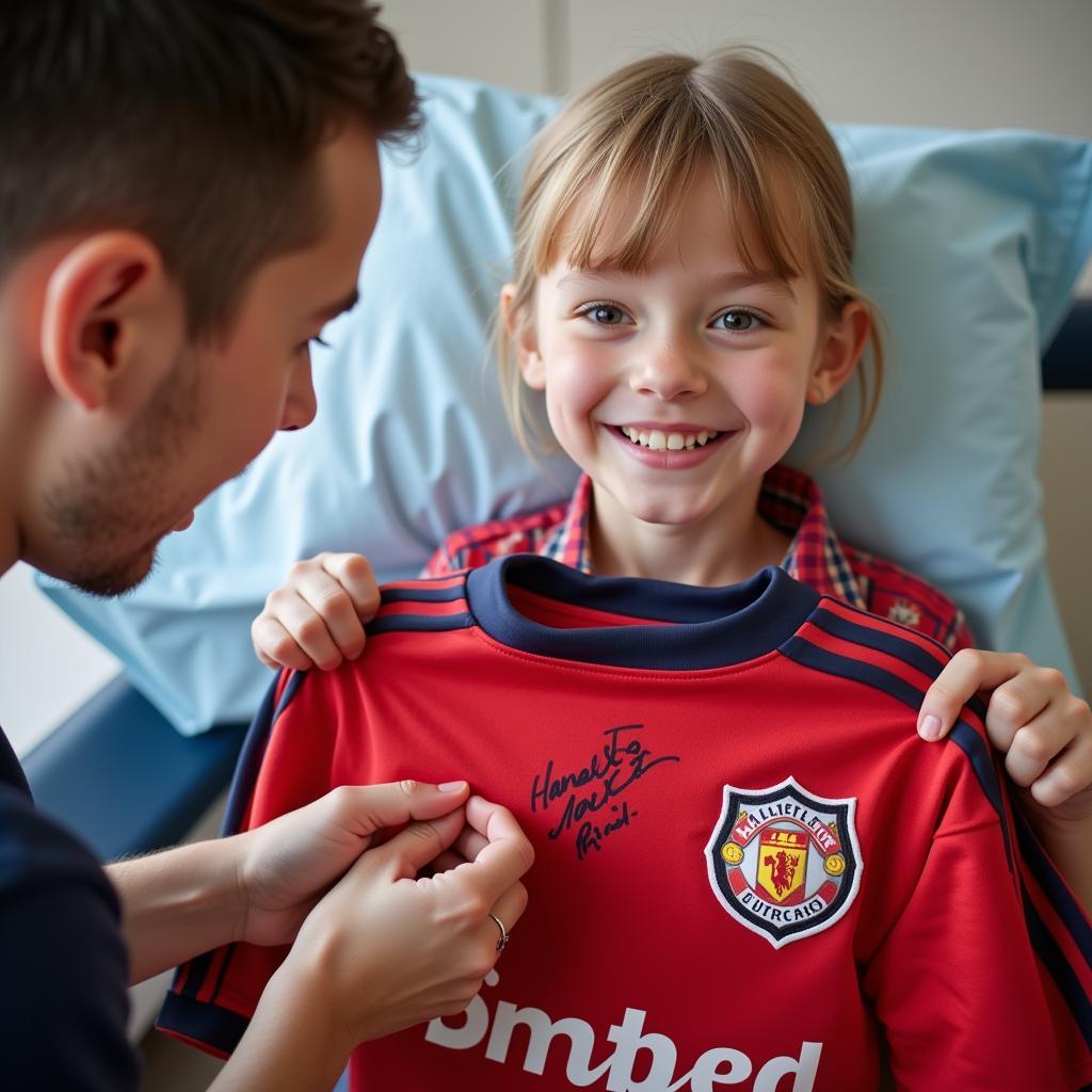 A young cancer patient receives a signed jersey as a gift.