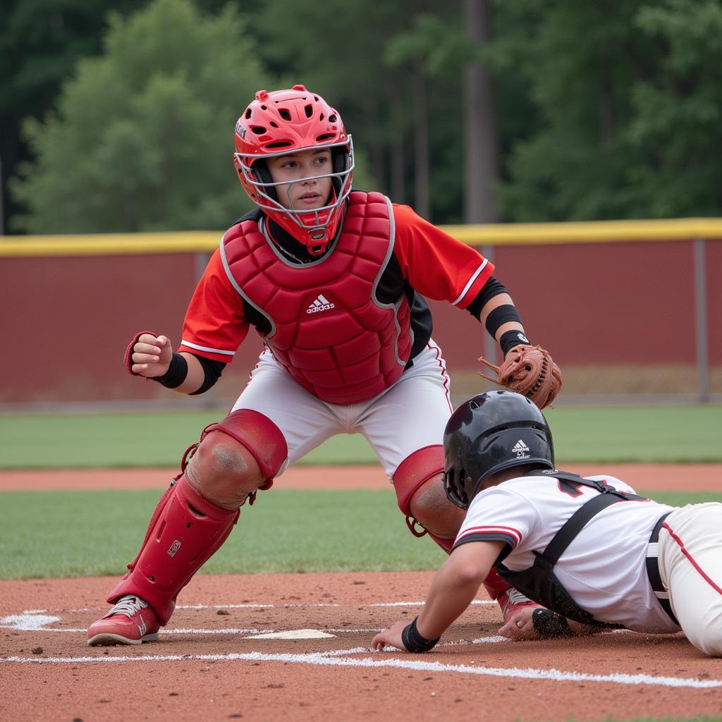 Young Catcher in Red Gear Making a Play at Home Plate