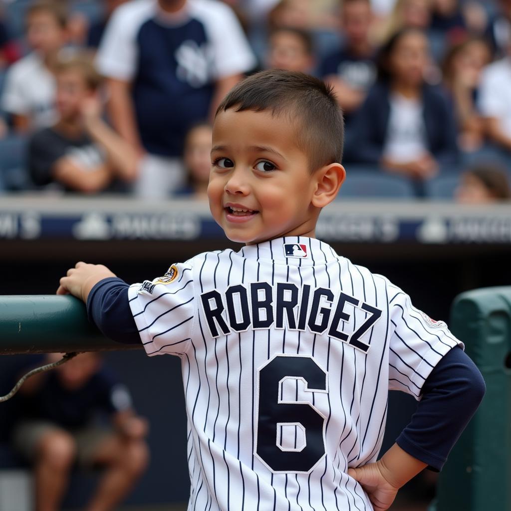 A young fan proudly sporting an Alex Rodriguez Yankees jersey