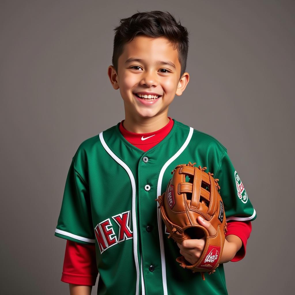 A young fan excitedly wearing an Alex Verdugo Mexico jersey