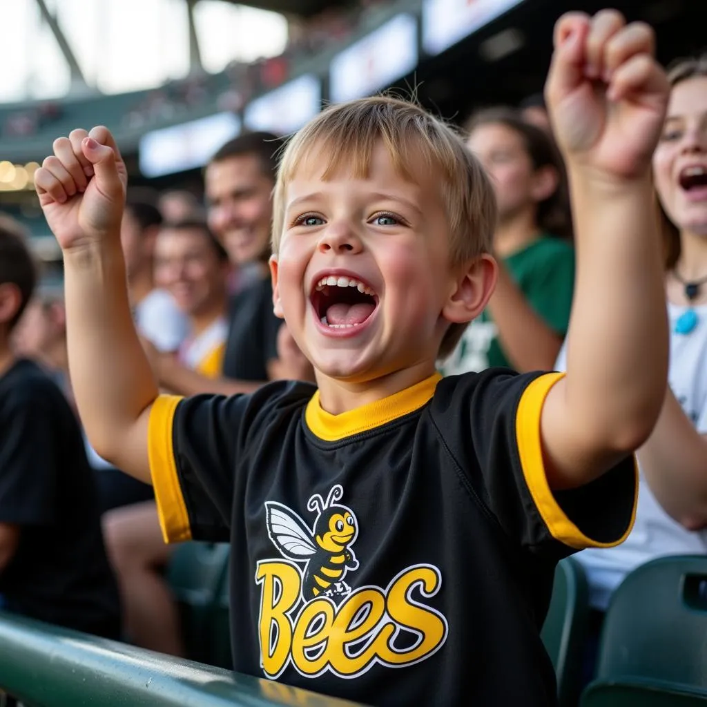 A young fan excitedly cheers while wearing a Salt Lake Bees jersey during a game