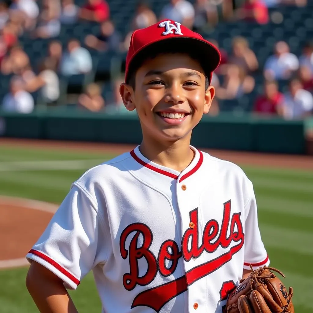 A young fan excitedly wearing a Tony Oliva jersey.