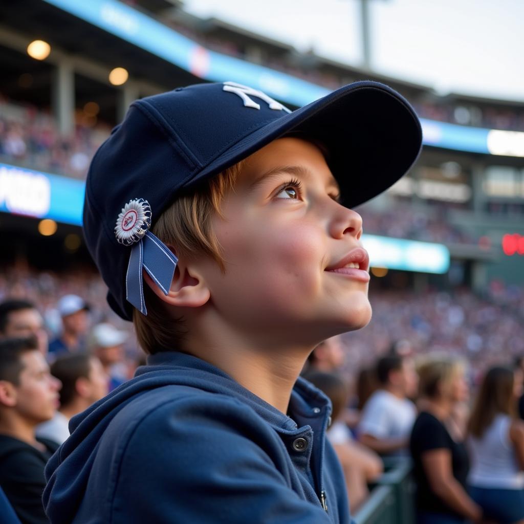 Young Fan Showing Support with a Yankees Ribbon