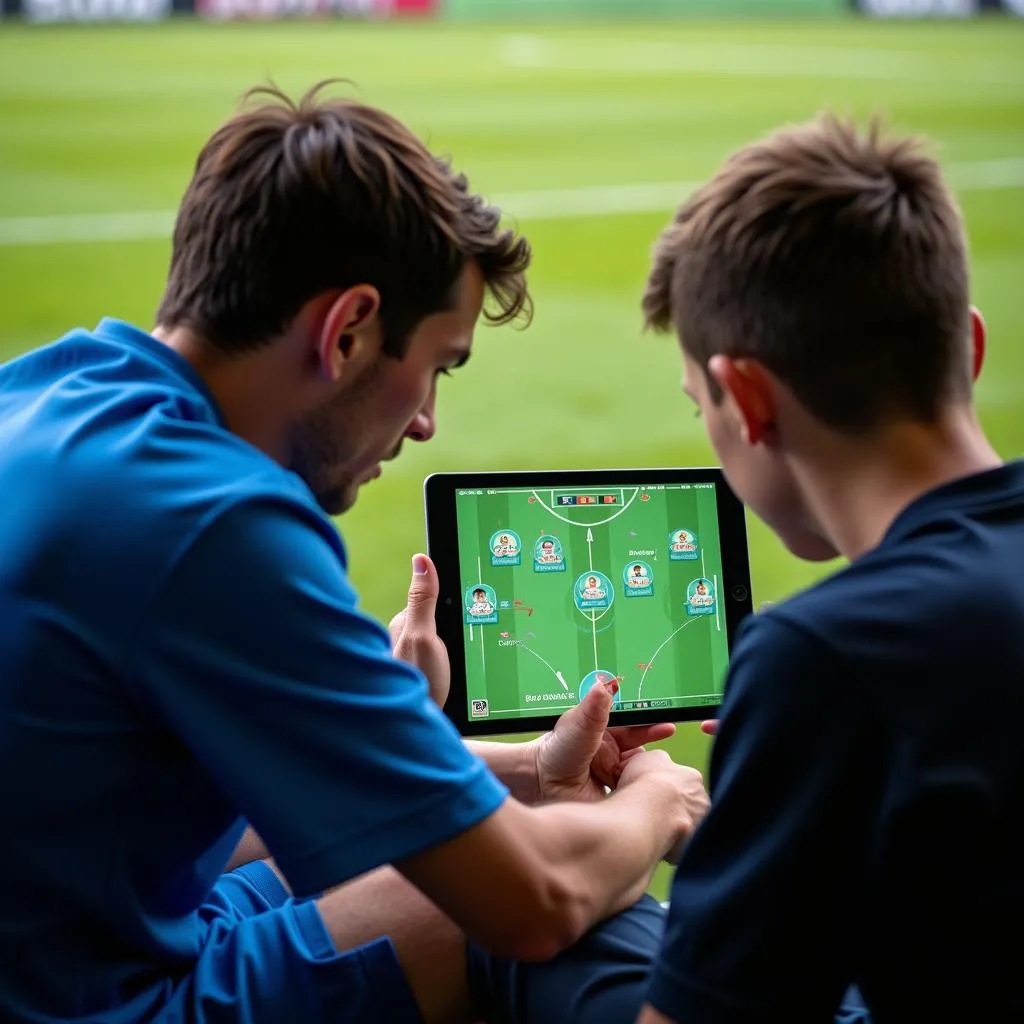 Young Football Player Analyzing Game: A boy sits with a coach studying football formations on a tablet.