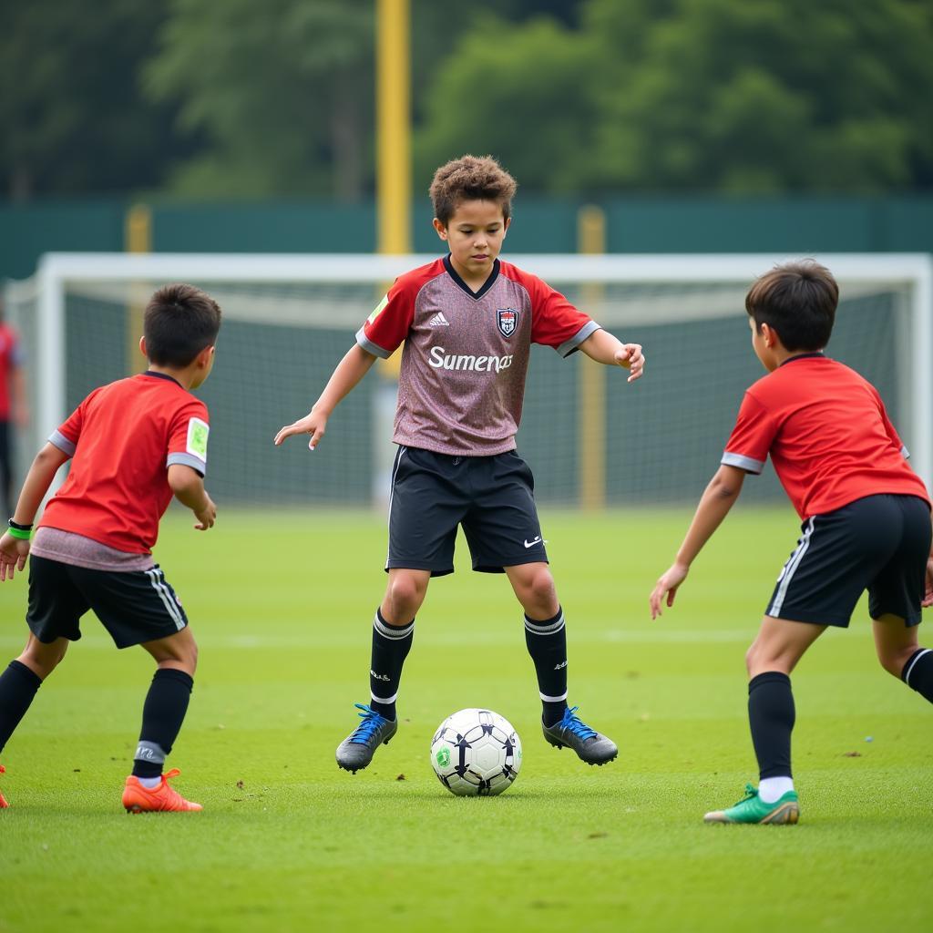 Young football player passing the ball during a match