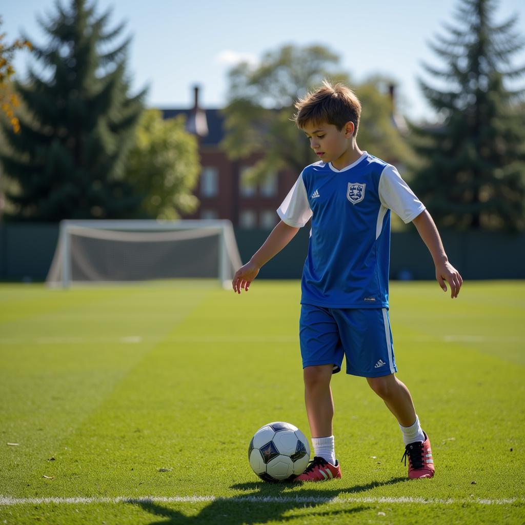 Young Football Player Practicing with Determination