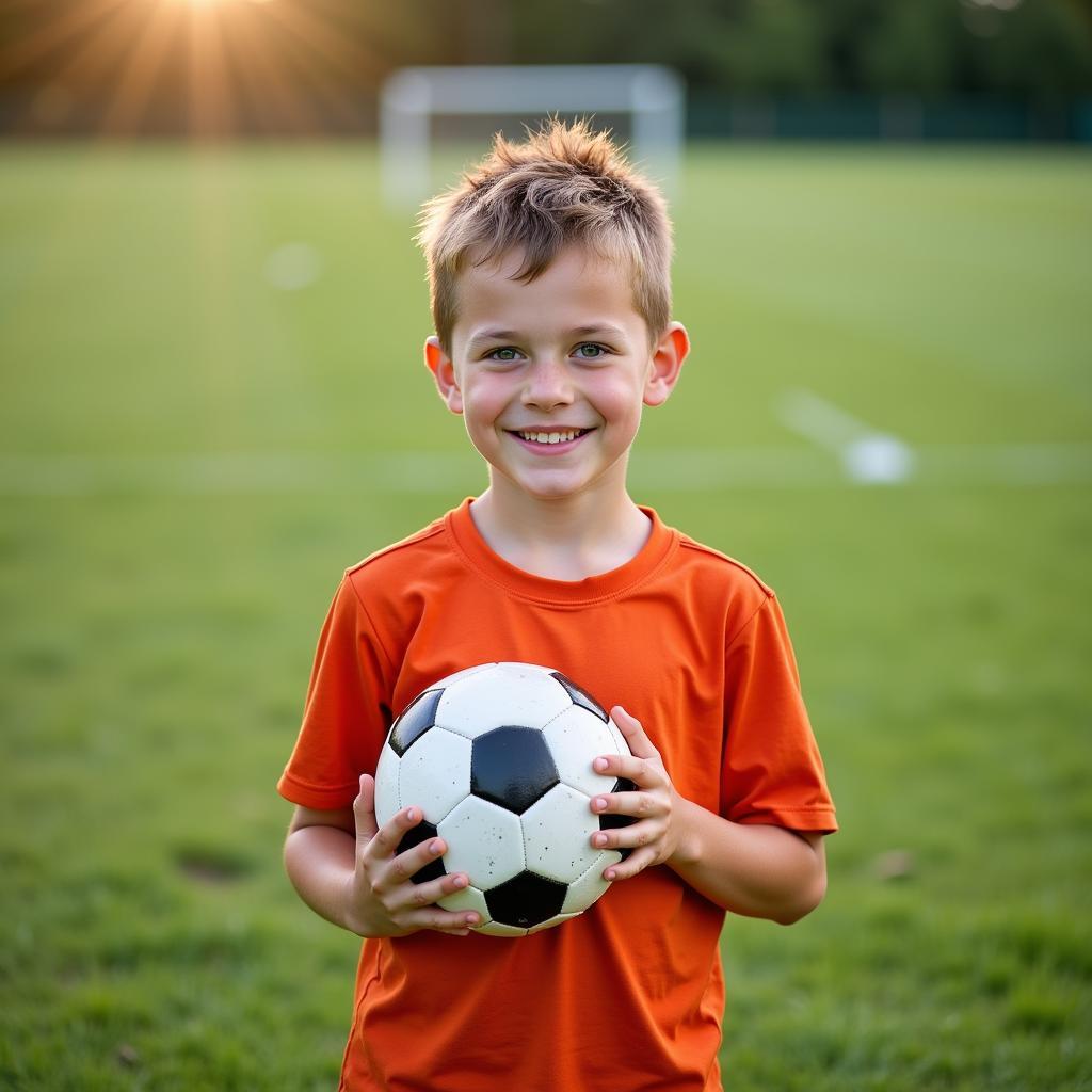 A young football player with a determined smile, holding a football