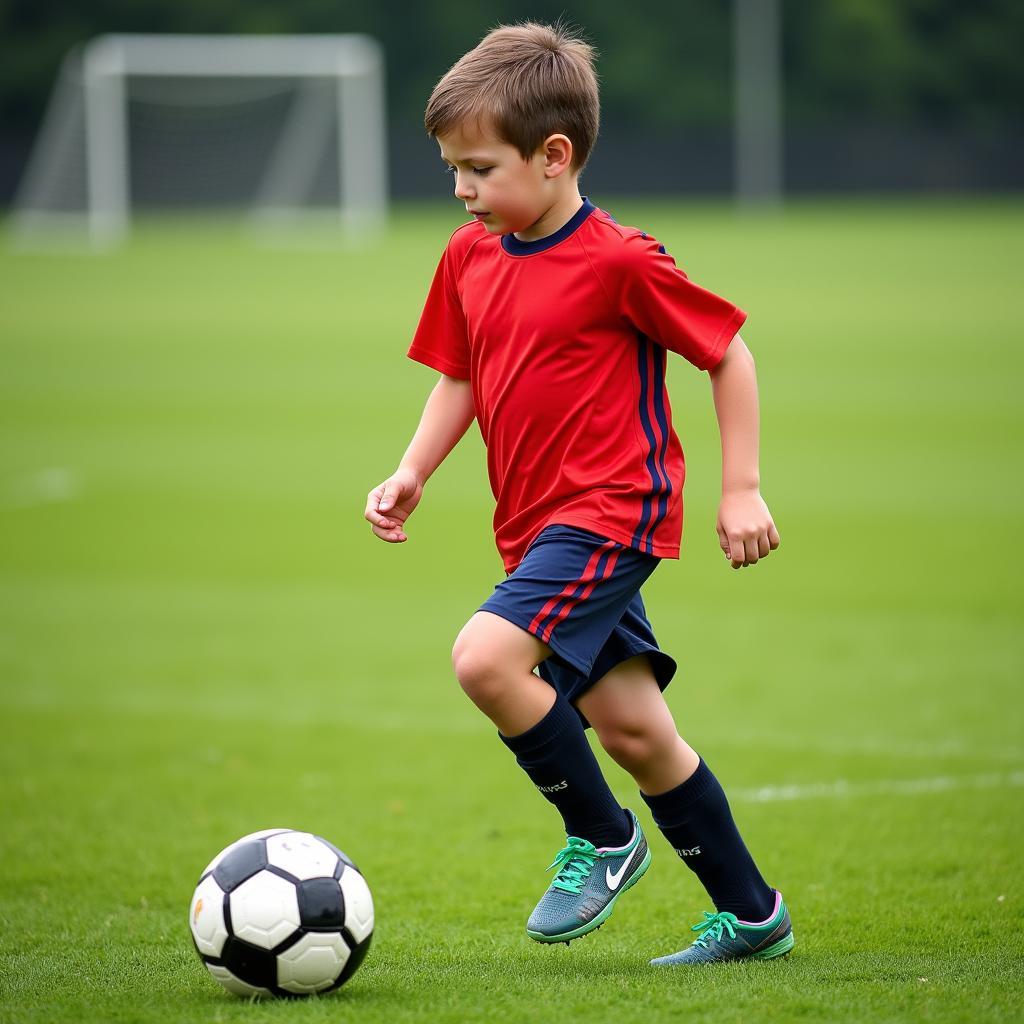 Young football player training with ball on grass