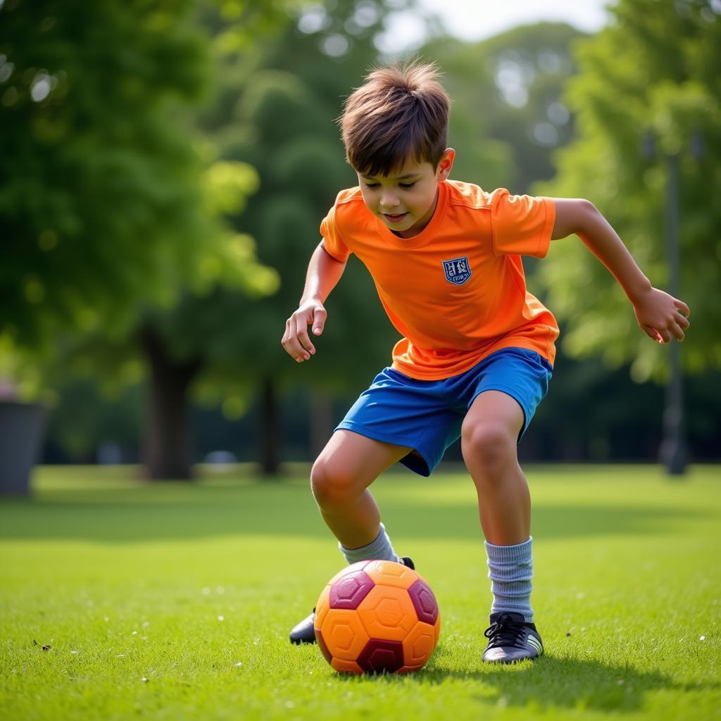 A young football player in a park, practicing with a Joe Holland Parts football.