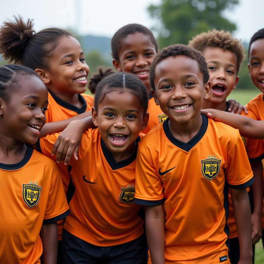 Young football team celebrating victory after a game