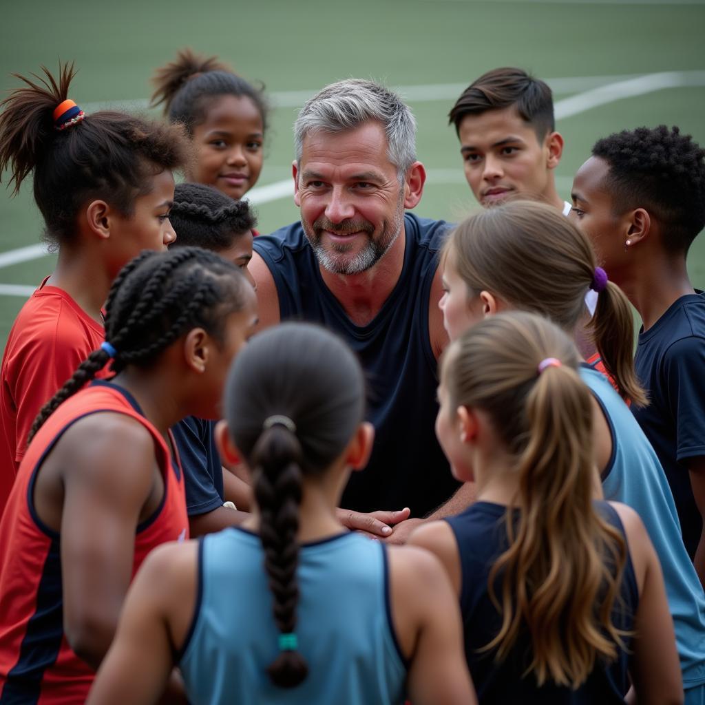 Young football team huddling with coach during a break