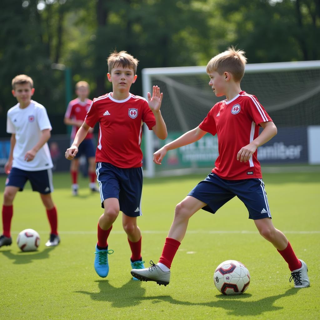 Young footballers practice passing