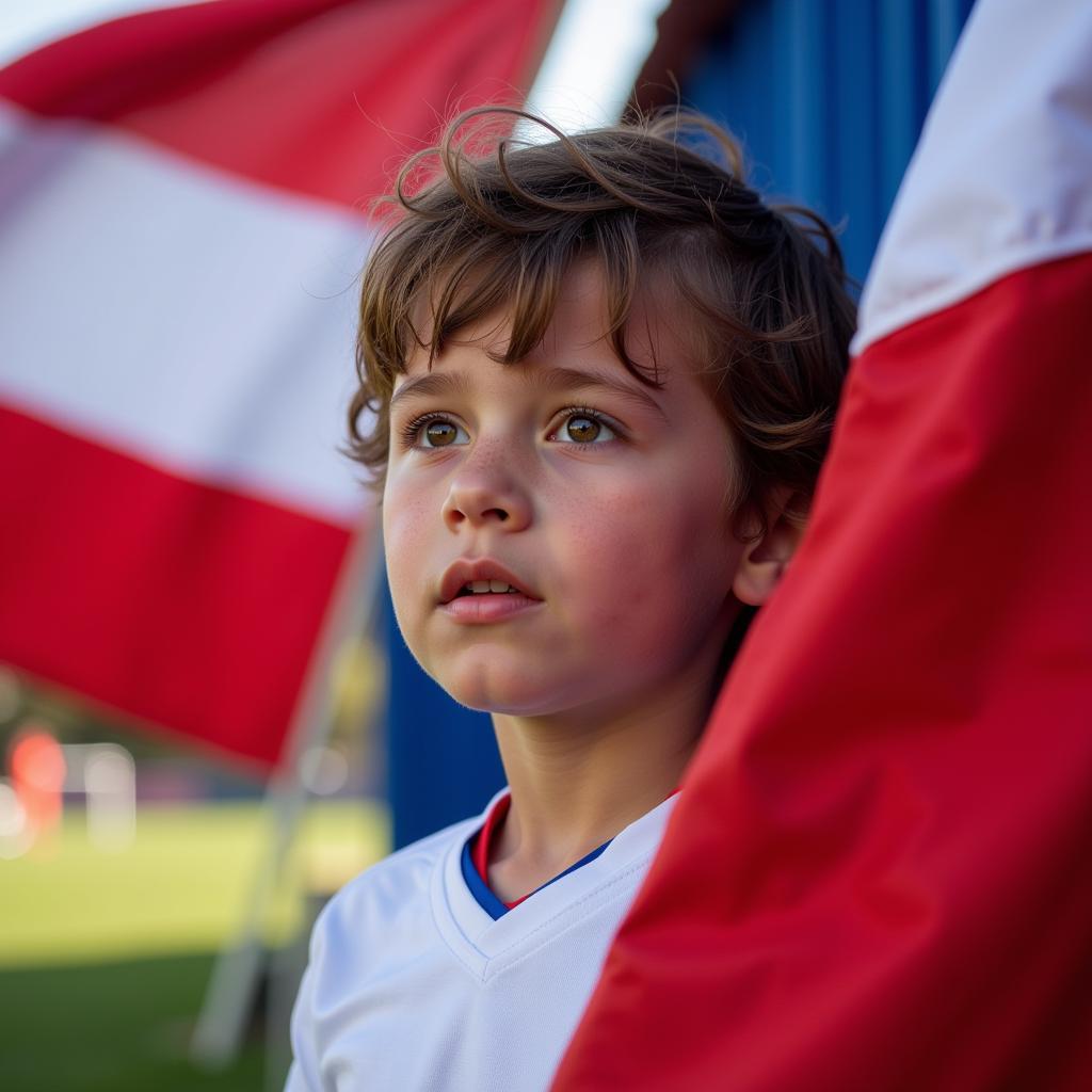 Young Footballer Gazing at a Red, White, and Blue Flag