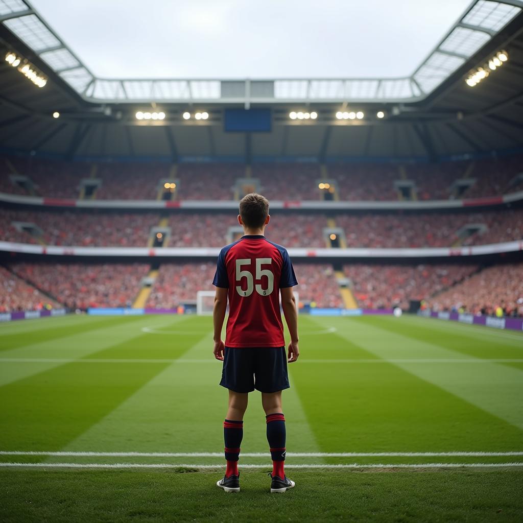 A young footballer wearing the number 55 jersey, gazing out at a stadium