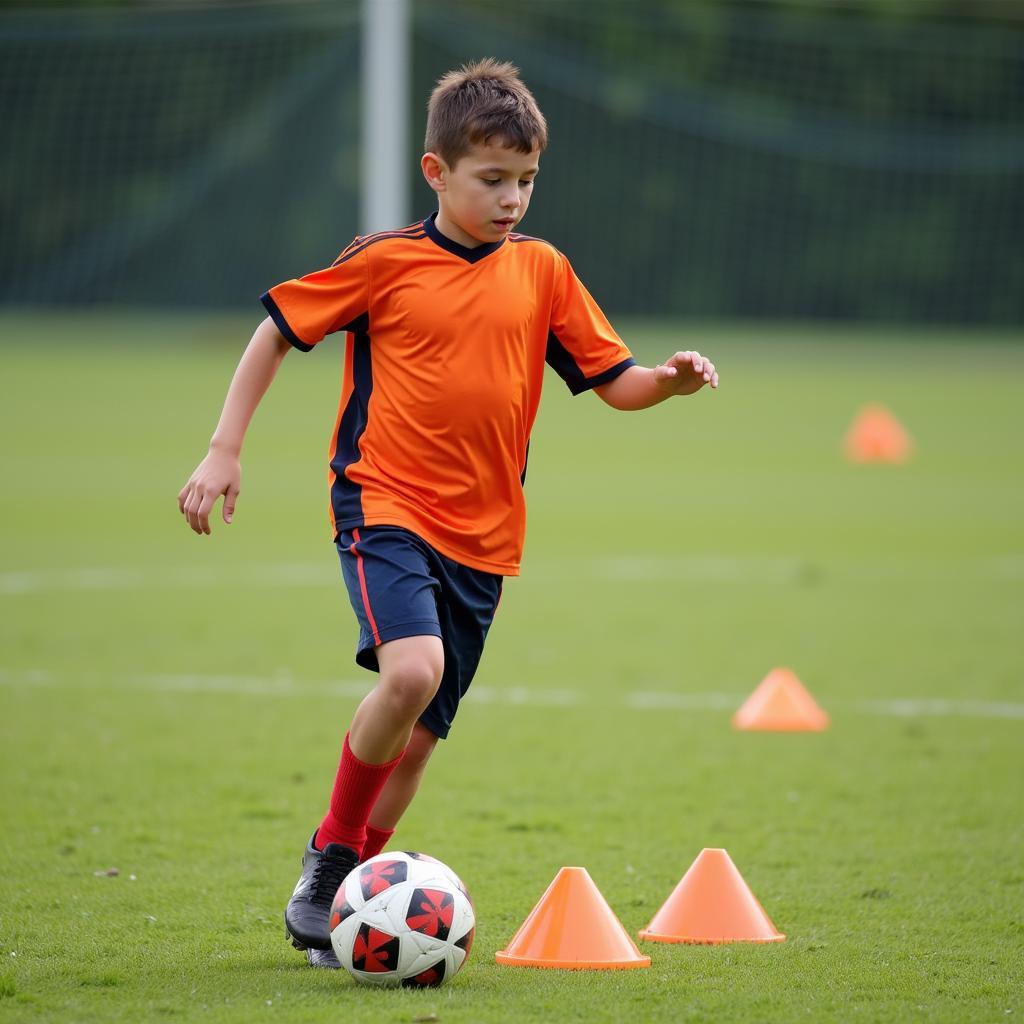 Young footballer perfecting his technique with a diamond practice ball