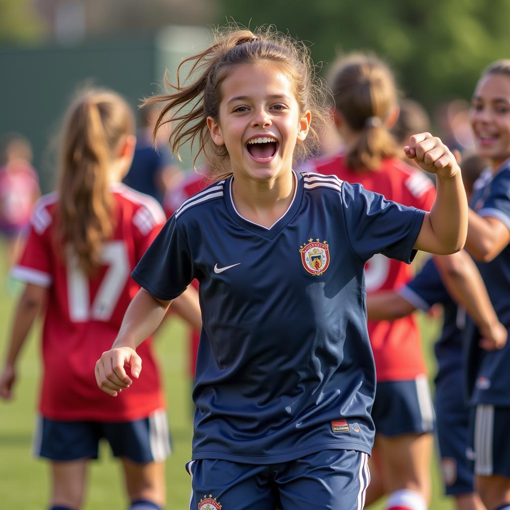 A young footballer celebrates a goal during the Spring Tour of St. George, highlighting the joy and camaraderie of the event.