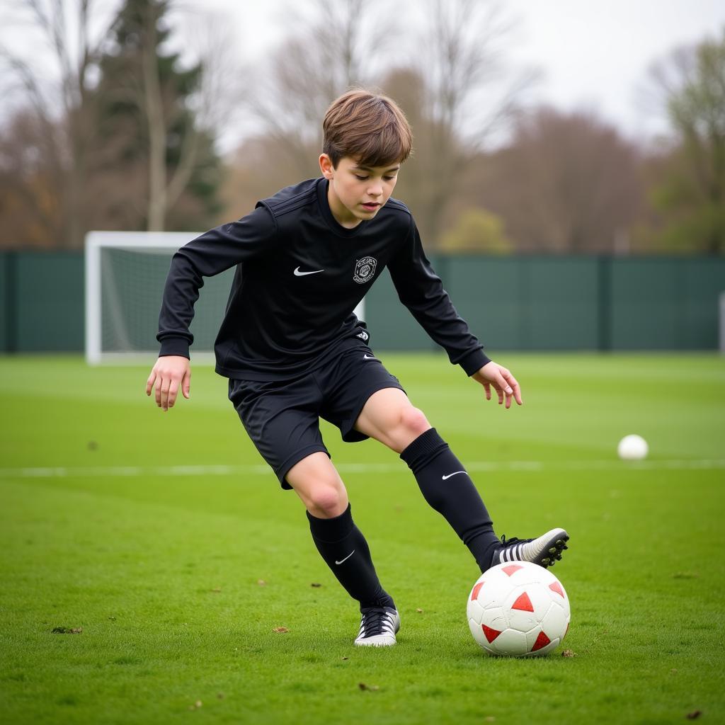 Young footballer training on field