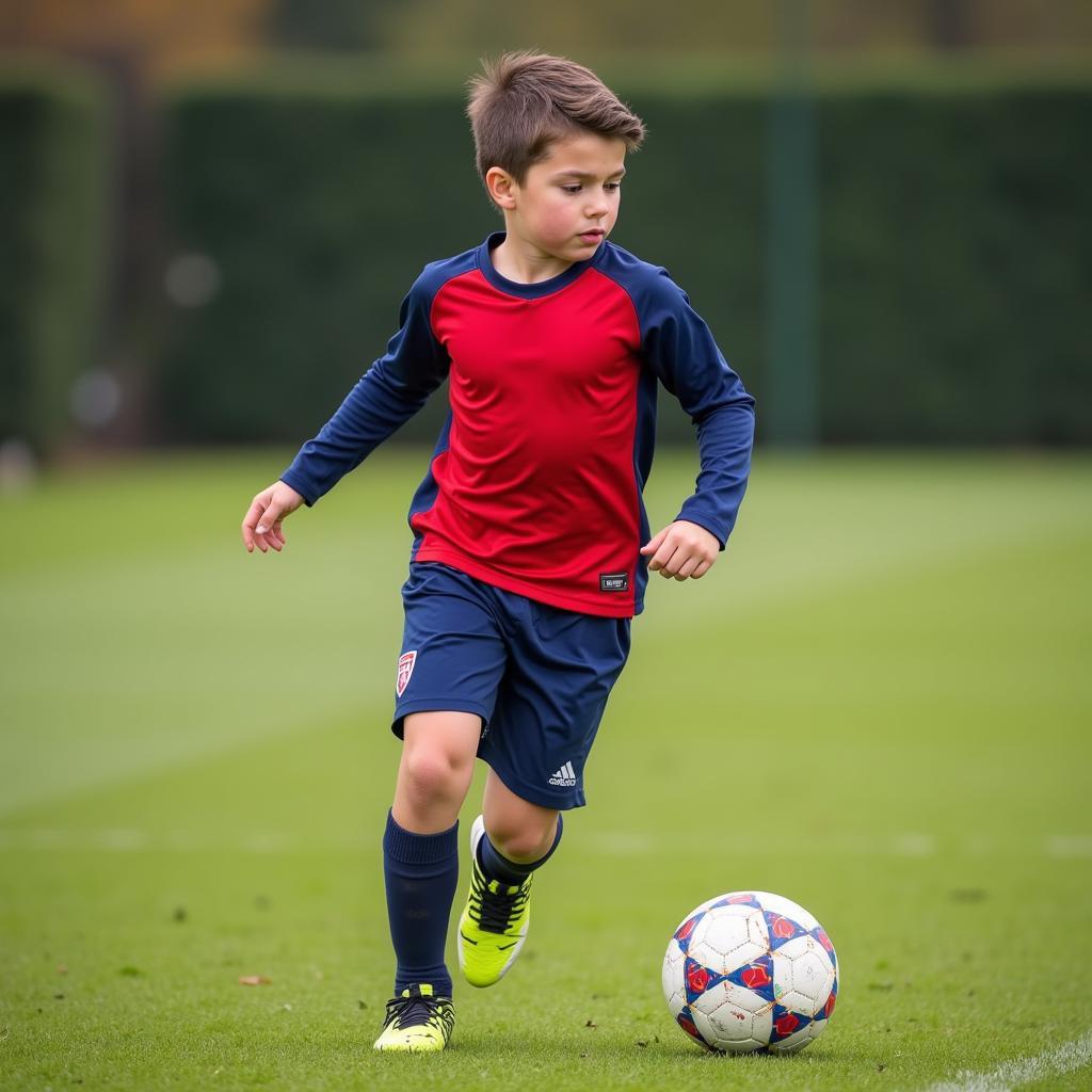 Young footballer dribbling a ball during training