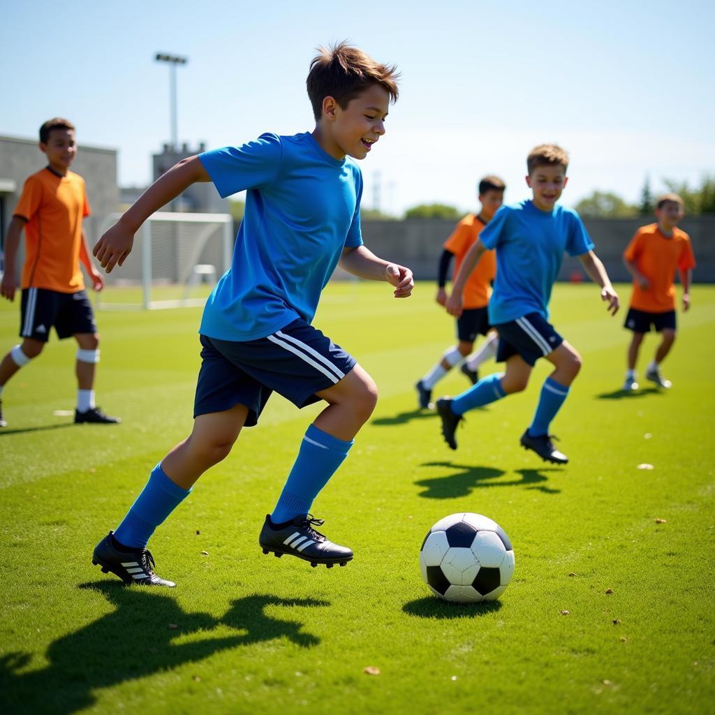 Young footballers practicing dribbling skills with enthusiasm