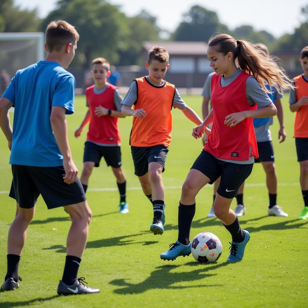 Young footballers practicing drills under Seth Murphy's guidance