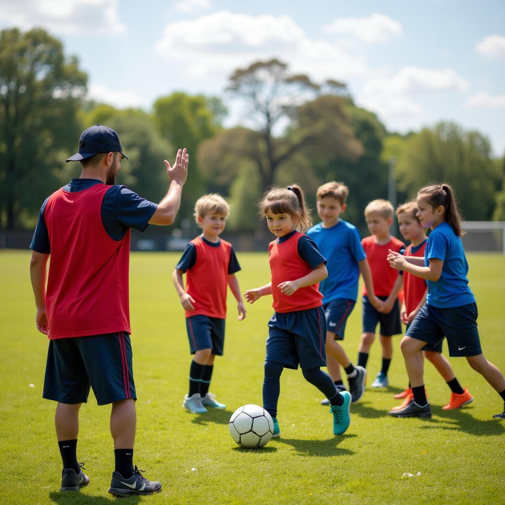 Young football players train together on a sunny day.