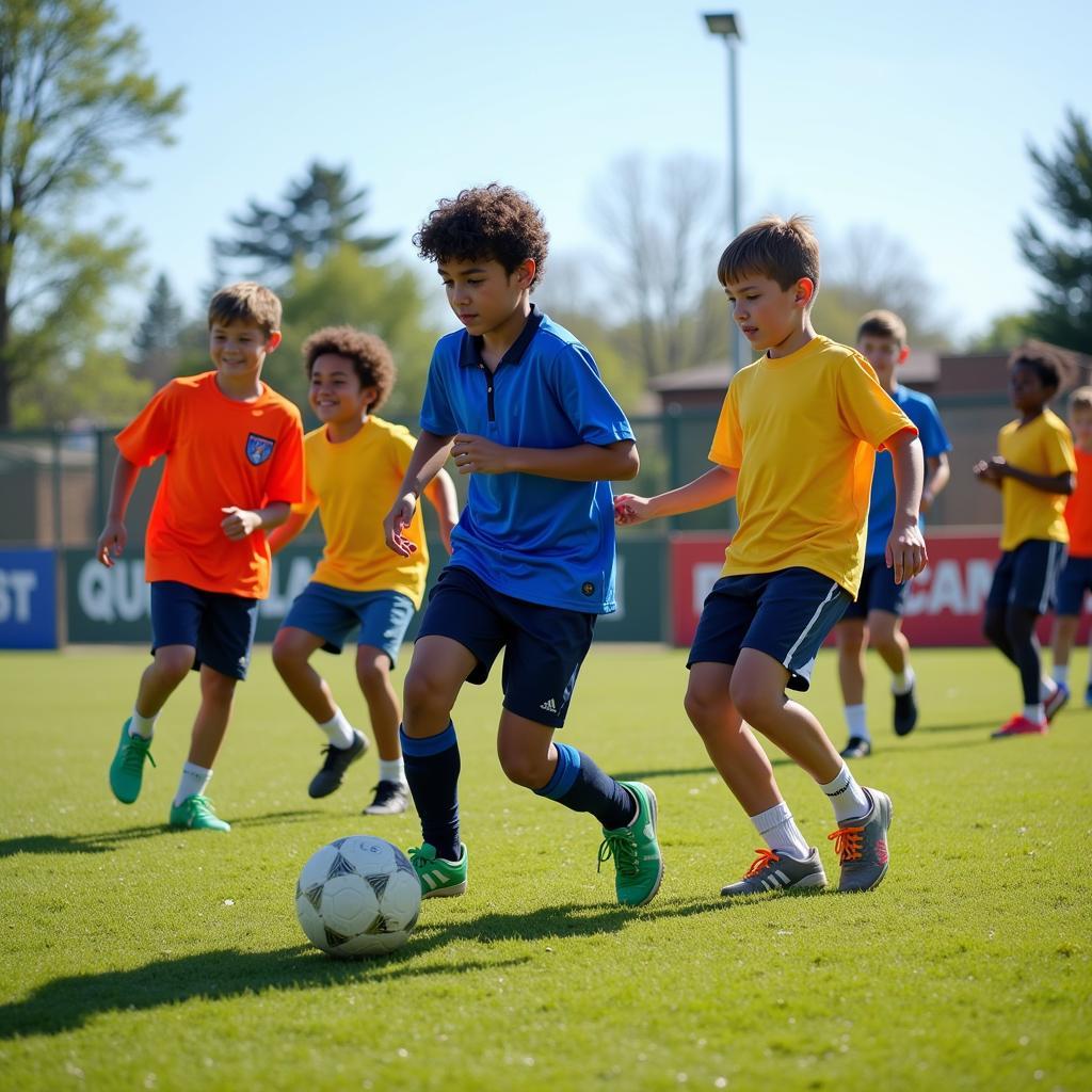 Youth football players practicing passing drills