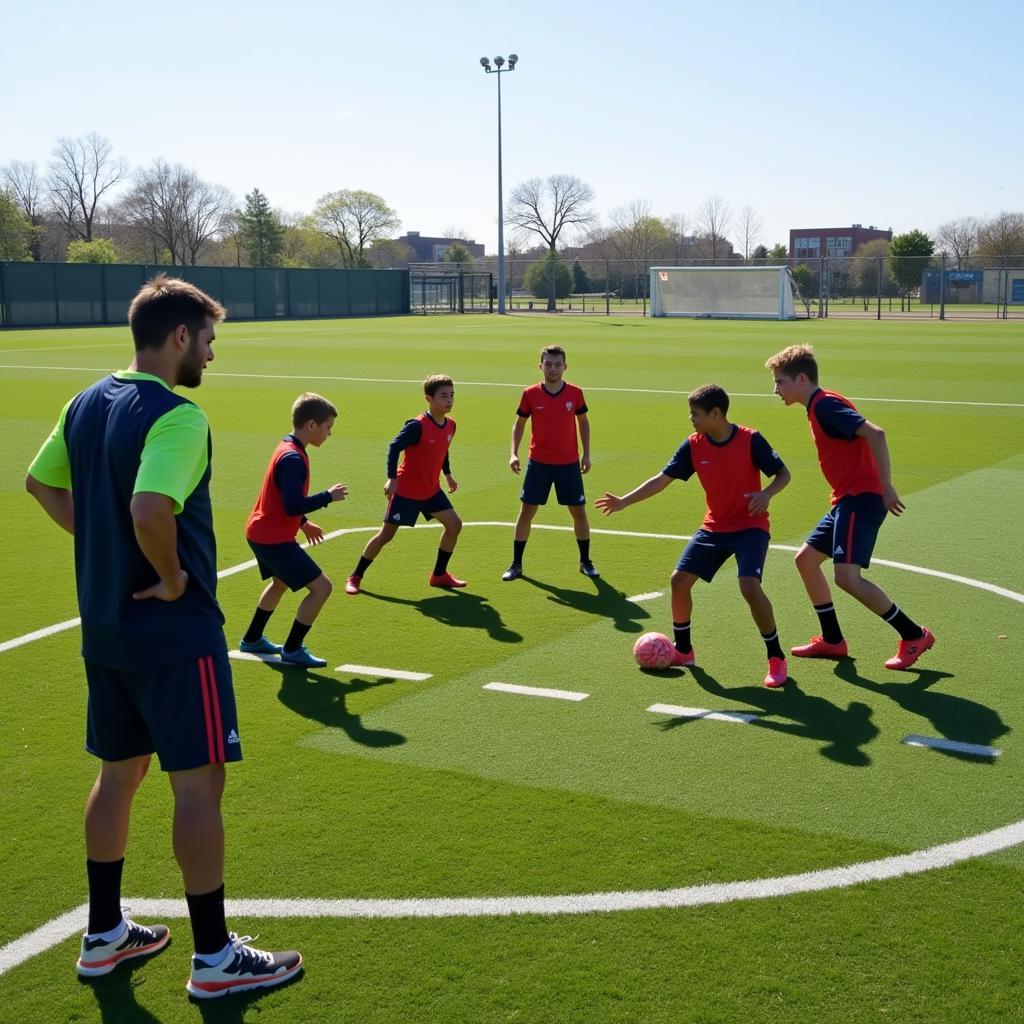  Young footballers rigorously practicing ball control techniques within a designated training area, simulating the demands of the batting circle