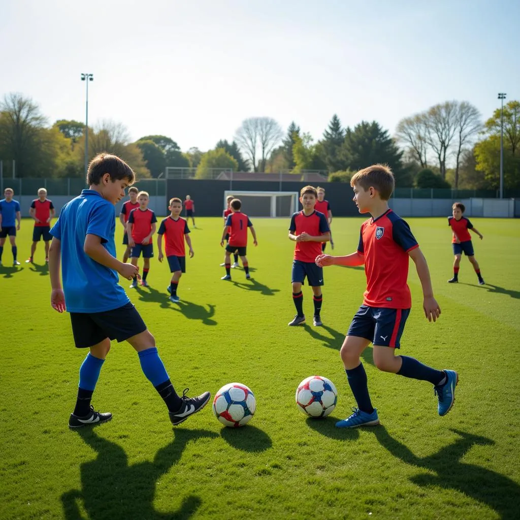 Young athletes practicing passing drills on the field