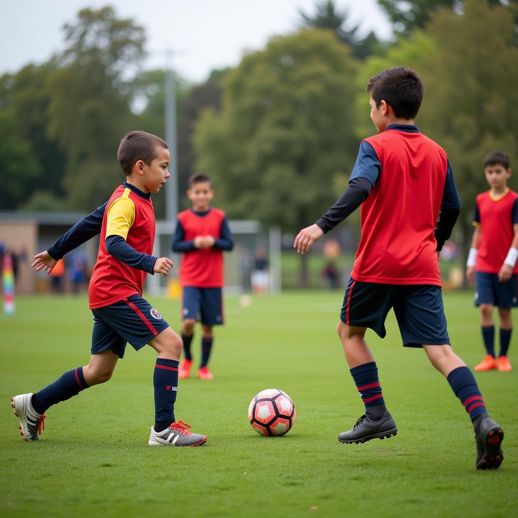 Young footballers practicing tactical concepts during training session