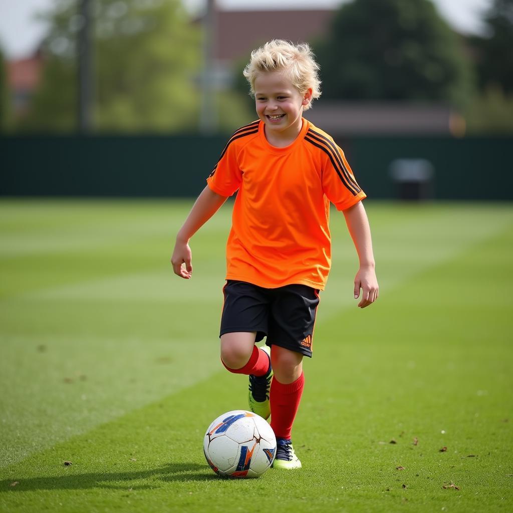 Young Frenkie de Jong playing football in red socks