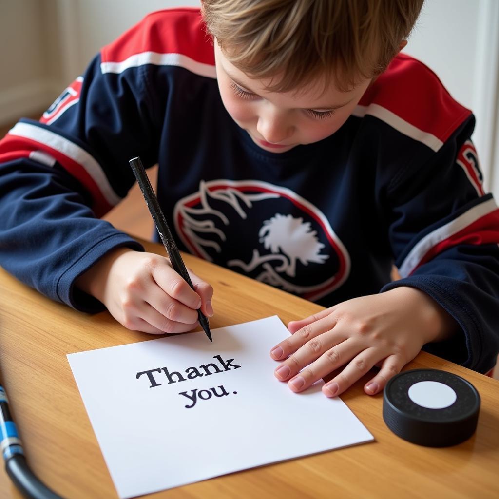 Young hockey player writing a thank you card