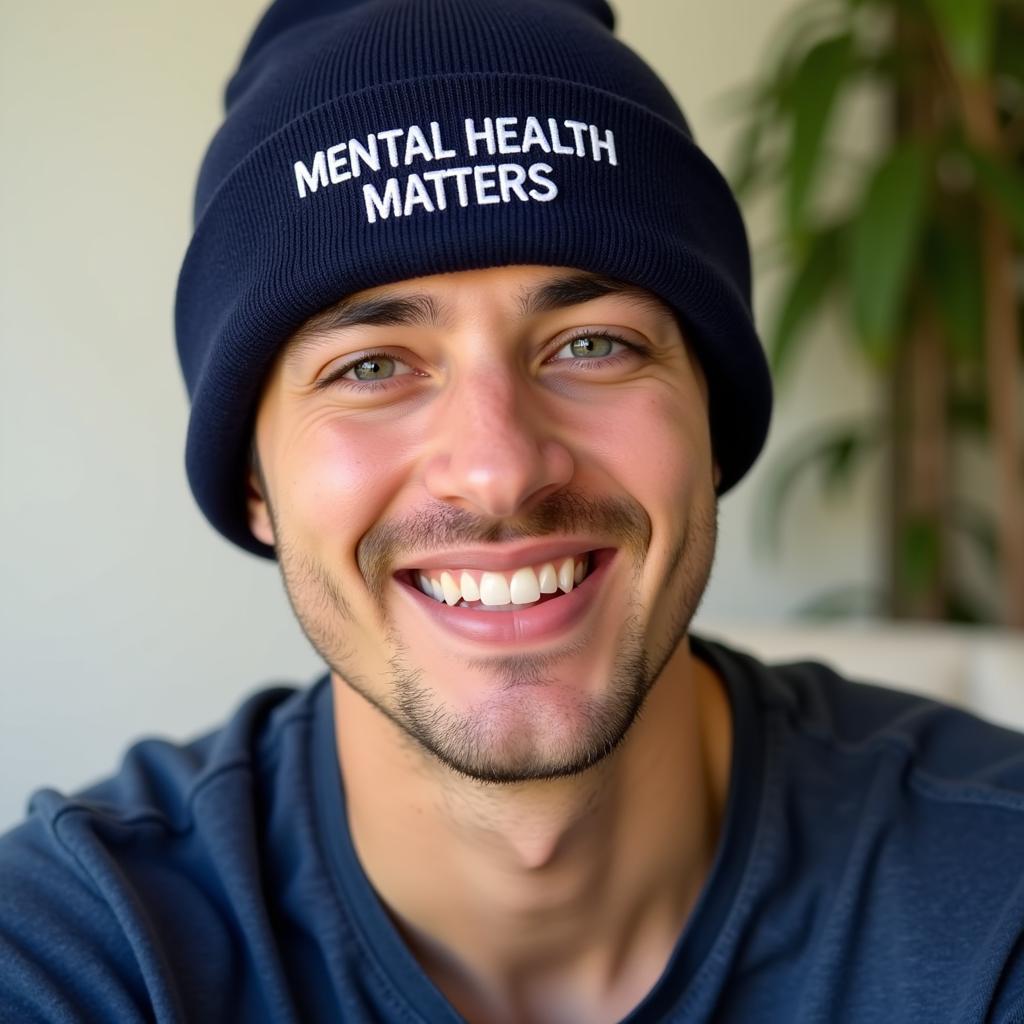 A young man confidently wearing a mental health awareness hat.