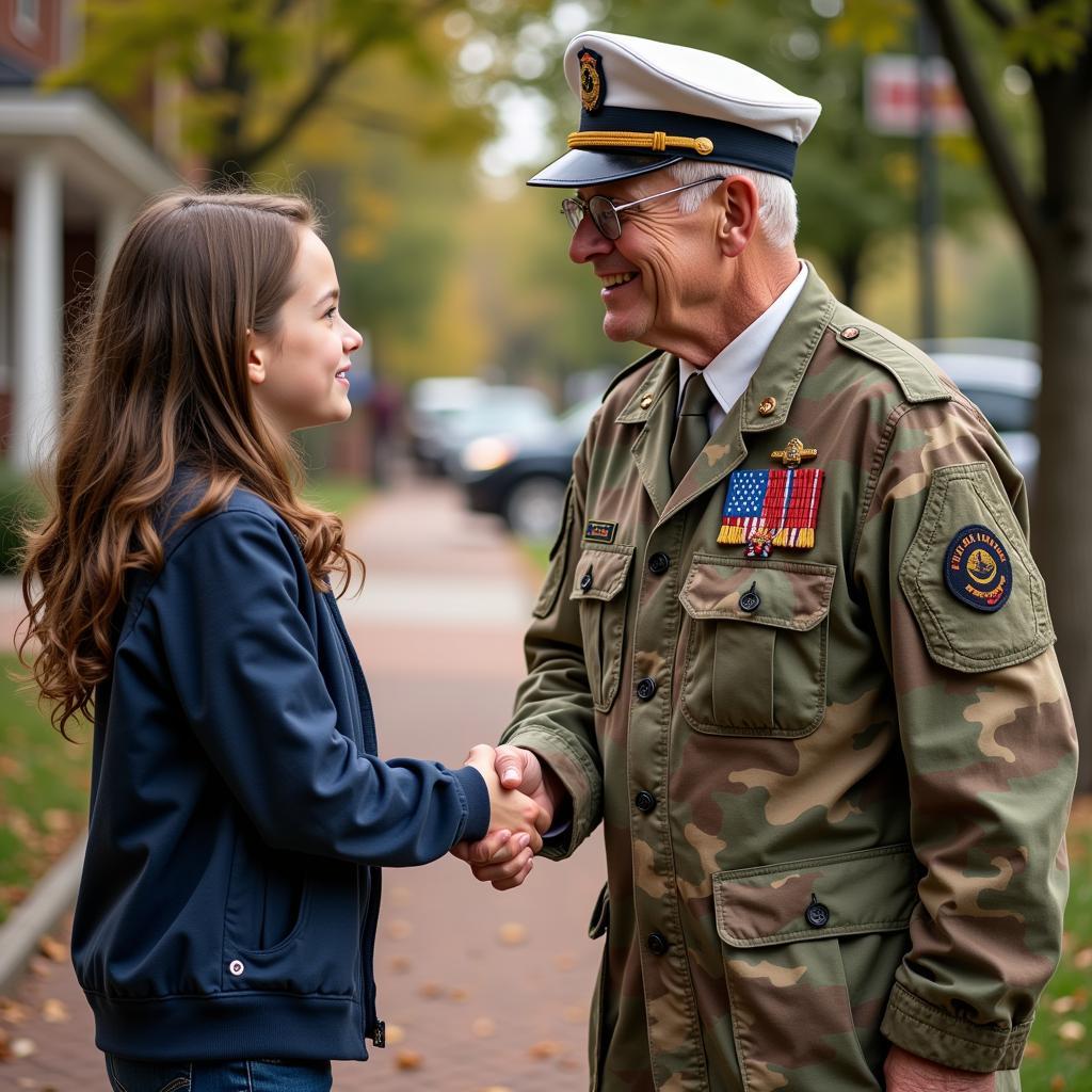 A young person shaking hands with a veteran wearing an army hat 