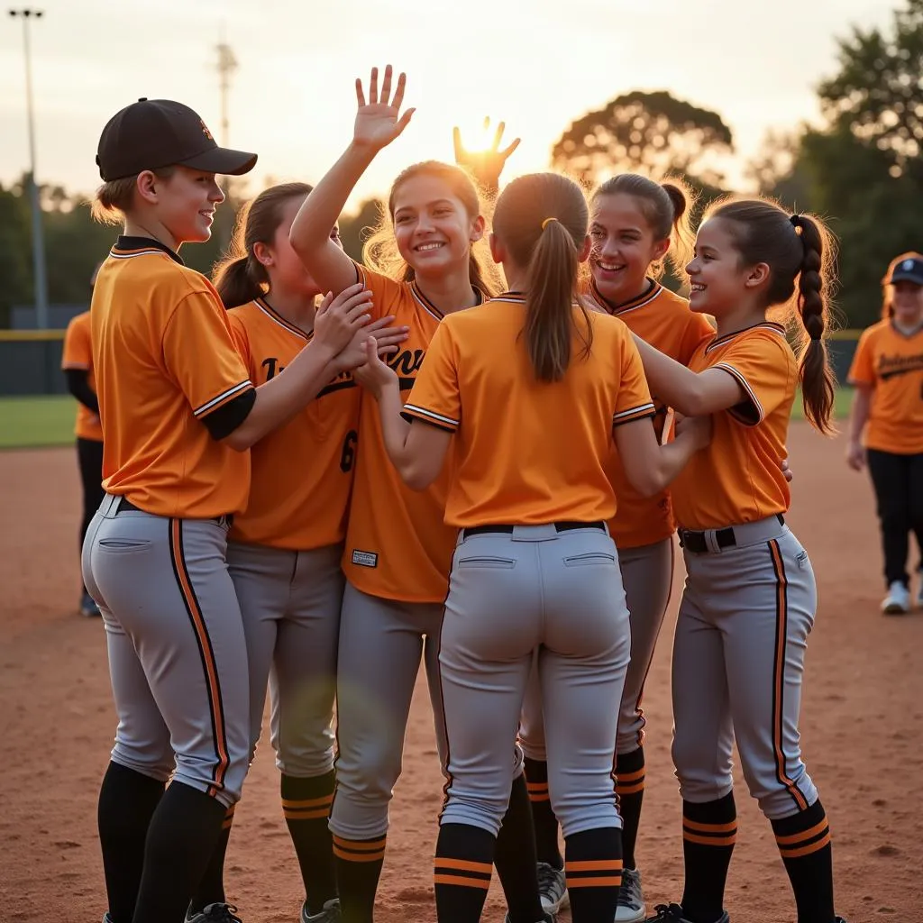 A victorious youth softball team celebrating, all wearing Intensity pants