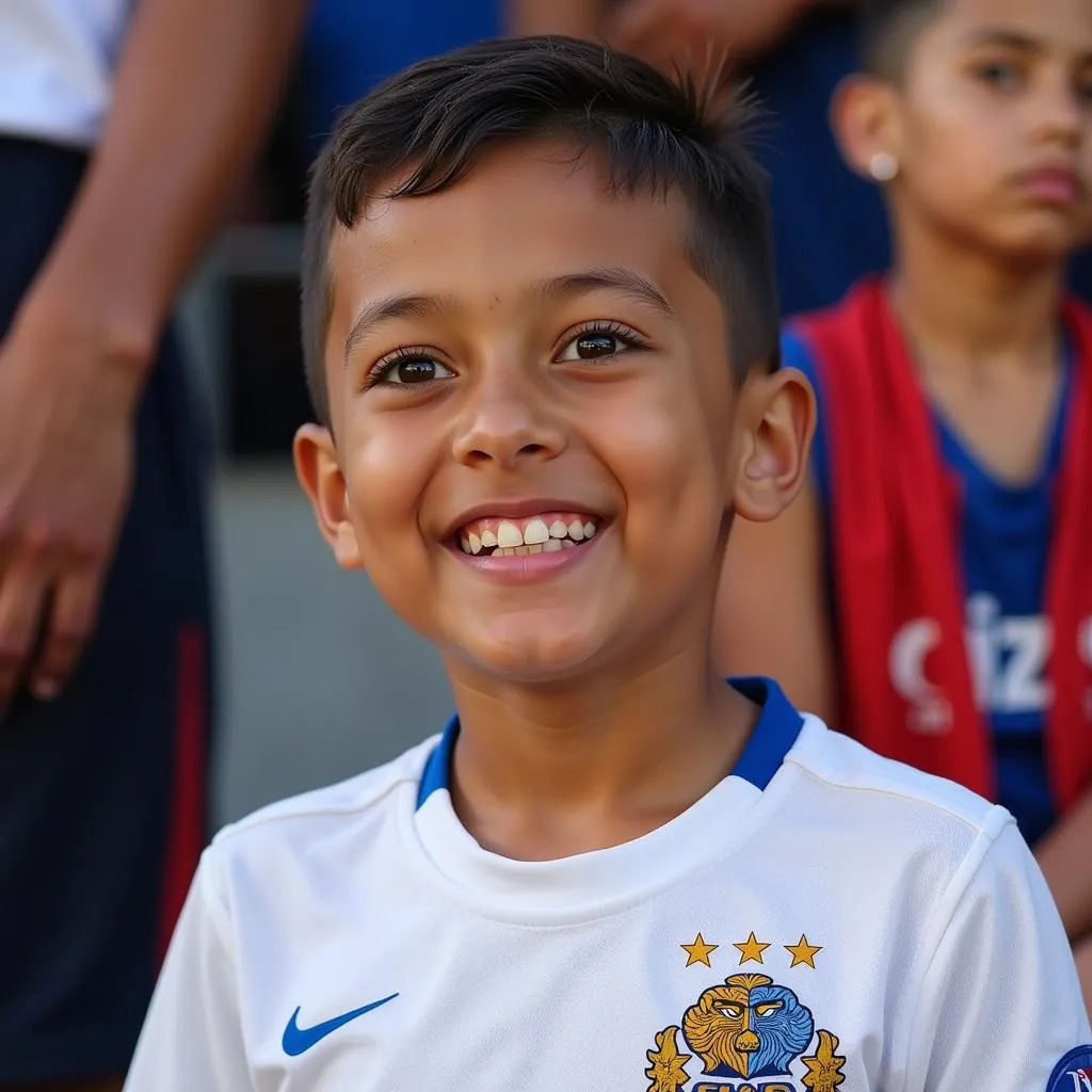 A young Tigres fan beams with pride while wearing the iconic white jersey