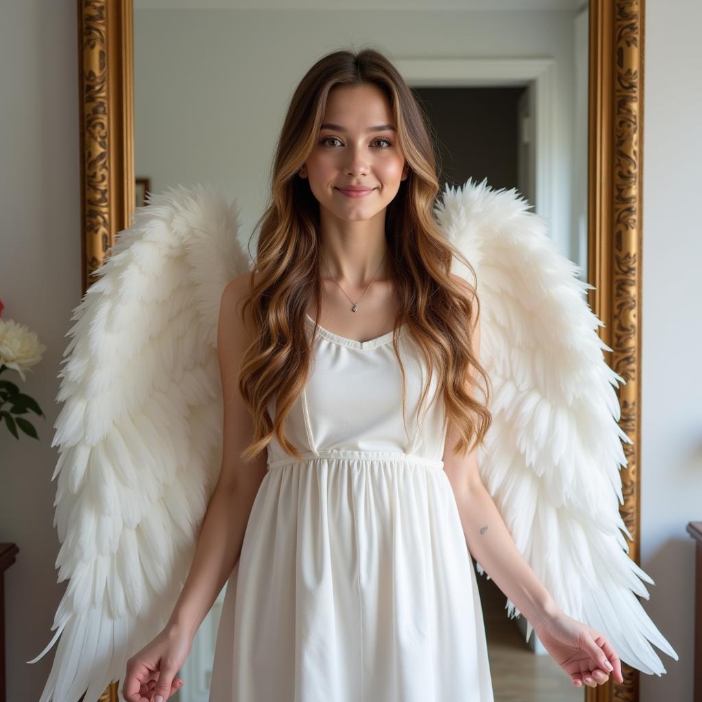 Young Woman Adjusting Large White Feather Angel Wings